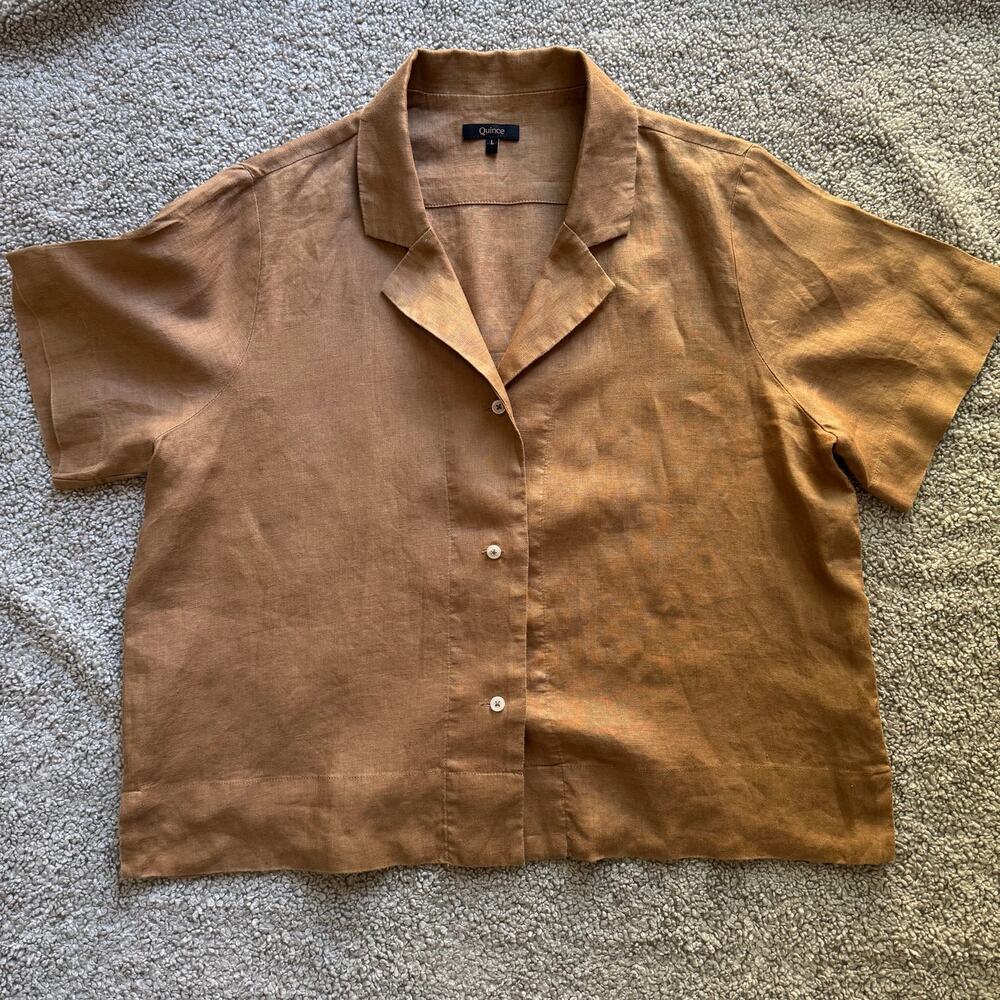 Quince Women’s 100% European Linen Golden Brown Short Sleeve Shirt Size Large